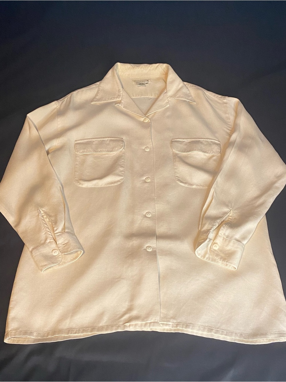 Womans Studio Button Up Blouse Size Medium Tan 100% Silk Long Sleeve Collared